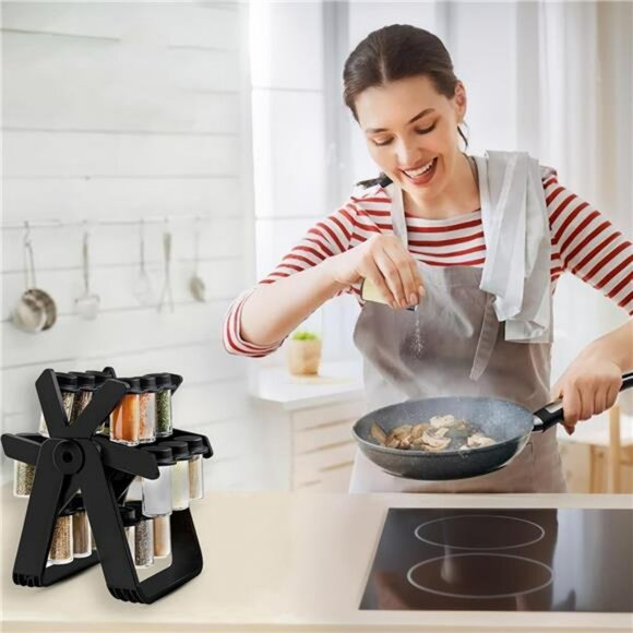 Rotating spice rack with 18 glass jars ferris wheel countertop kitchen organizer - Picture 2 of 8